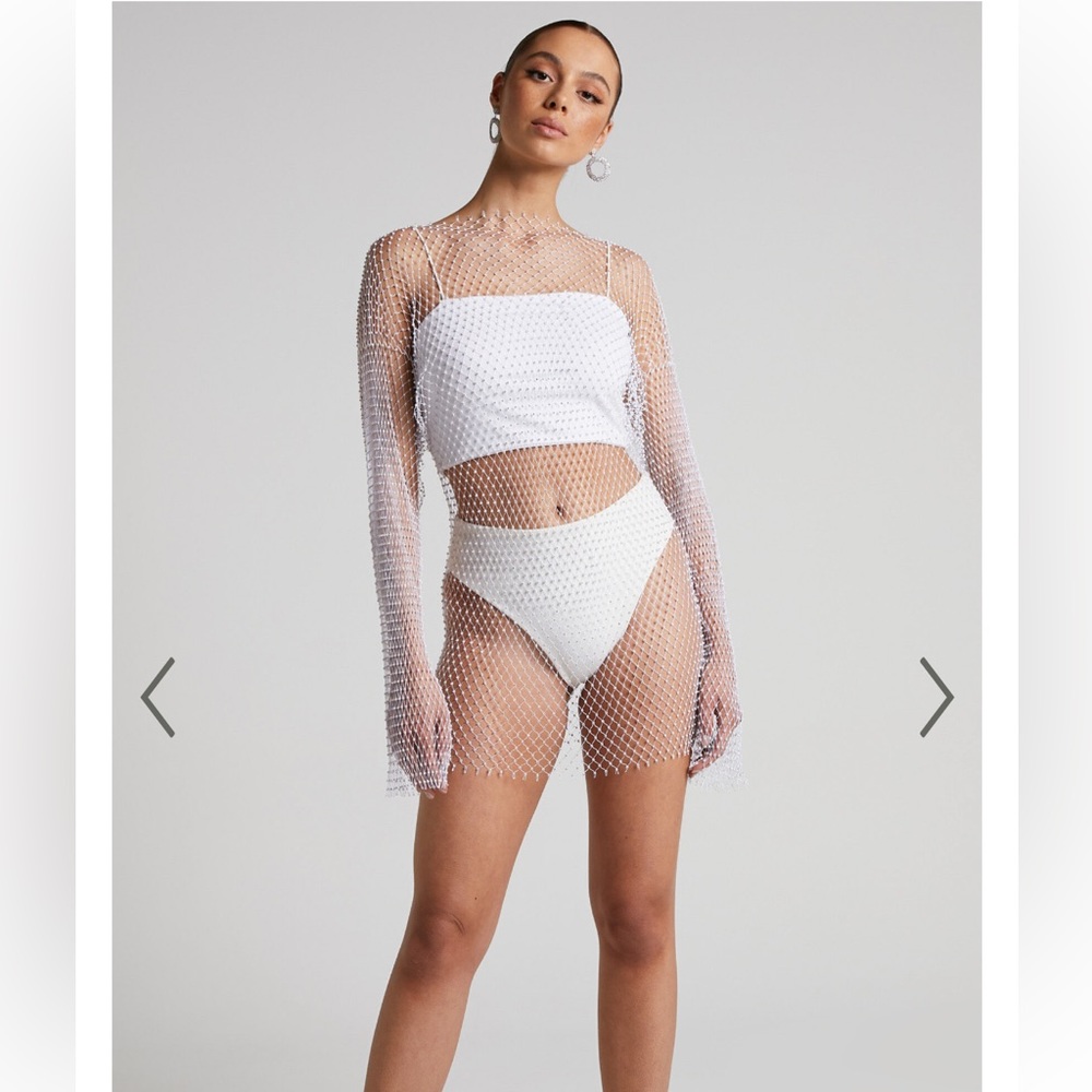 ShowPo SHARLIZE MINI DRESS - DIAMANTE MESH LONG SLEEVE DRESS IN WHITE